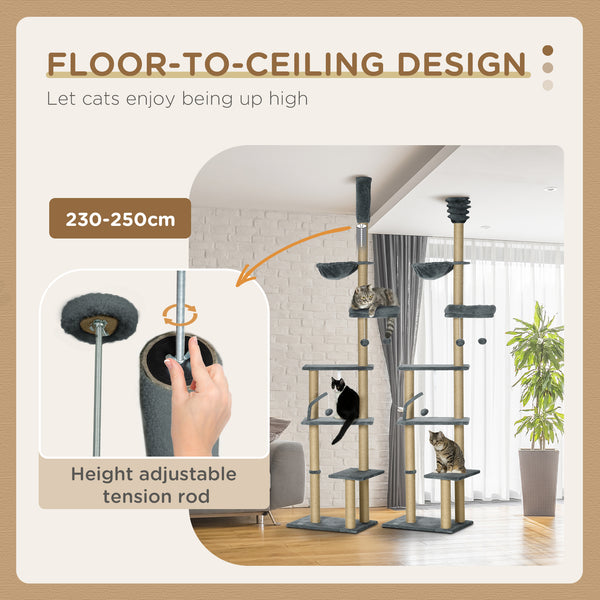 Cat tree, ceiling height 230 to 250 cm, with scratching post, hanging balls, platforms, bed and hammock, gray