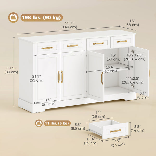 55" White 4-Door, 4-Drawer Buffet