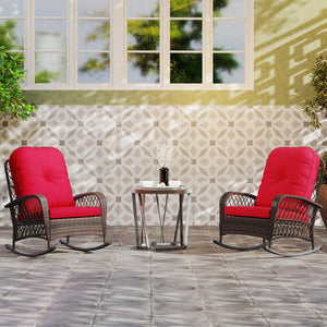 Set of 2 Outdoor Wicker Rattan Rocking Chairs with Thick Cushions, Red