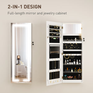 Jewelry cabinet with LED lighting and mirror, wall mounted, white