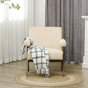 Corduroy accent chair with wide seat and padded armrests, beige