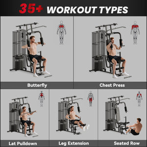 Multi-function weight station with 45 kg weight stack for lat pulldown, leg extensions, biceps curls, triceps pulldowns, and bench press, black.