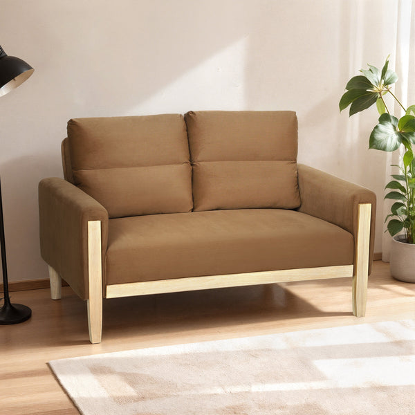 2-seater velvet sofa with solid wood legs, brown