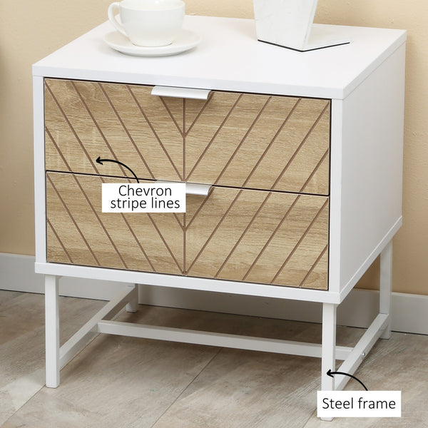 Modern bedside table with 2 drawers and steel structure, white and oak