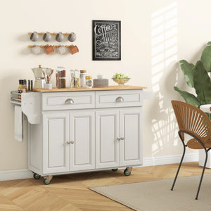 Cream-white mobile kitchen island with fold-down solid wood countertop and storage