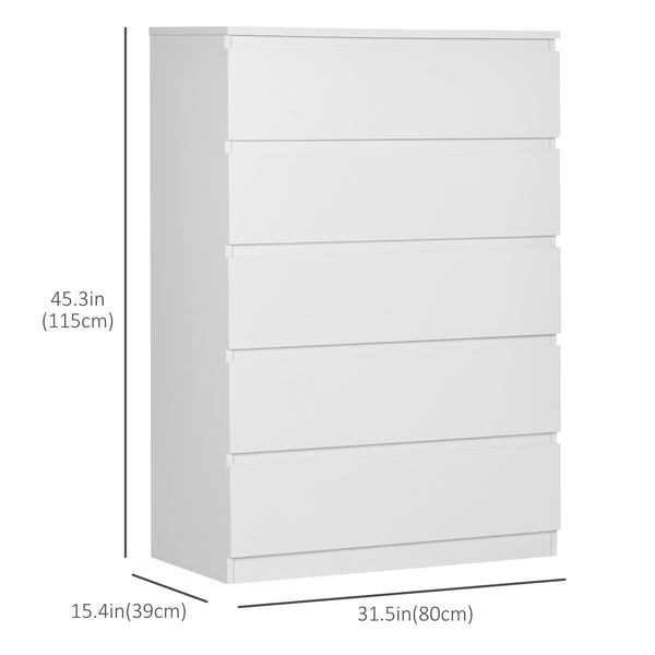 5 Drawer Bedroom Chest with Zinc Alloy Slides, White