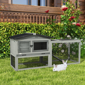 Wooden hutch with ramp, opening roof, and pull-out tray, light gray