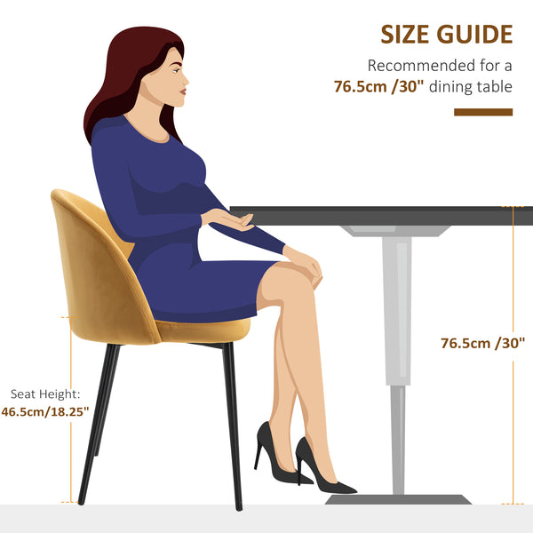 Set of 2 mid-back dining chairs with velvet upholstery, yellow