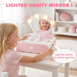 Children's vanity table with lighted mirror, drawer and 8 accessories