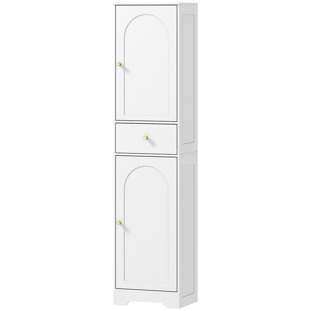 Slim storage unit with 2 doors, drawer and adjustable shelf, white wood look