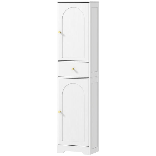 Slim storage unit with 2 doors, drawer and adjustable shelf, white wood look