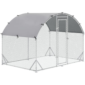 Galvanized metal chicken coop with outdoor run, silver
