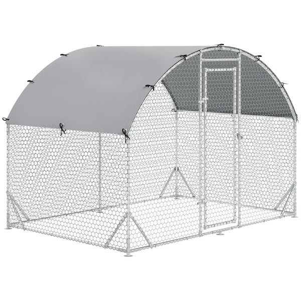 Galvanized metal chicken coop with outdoor run, silver