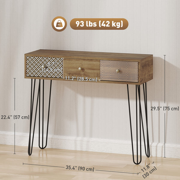 Console table with drawers and hairpin legs, brown