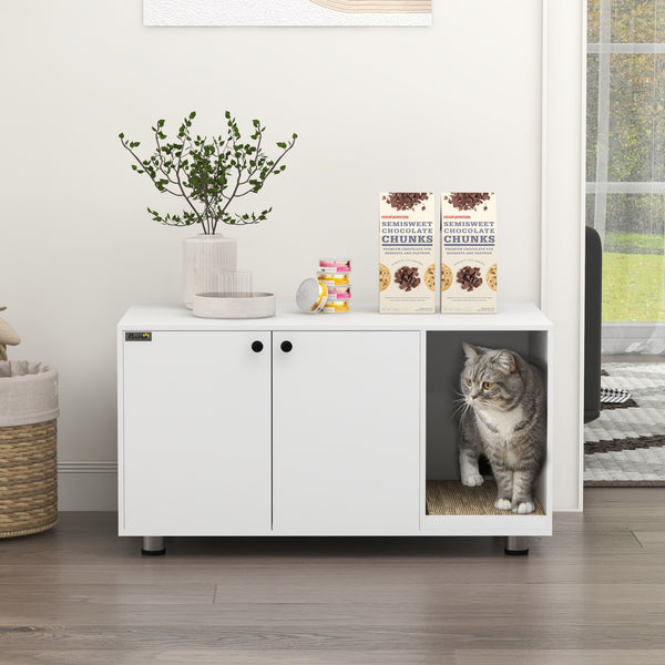 Litter box cabinet with double doors and integrated scratching post, white