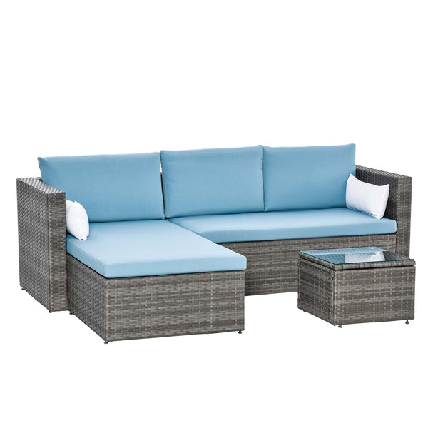 3-Piece Patio Furniture Set Modern Sectional Sofa Rattan Chair Wicker Conversation Set Outdoor Hand Woven Rattan Wicker Furniture Patio Coffee Table Sofa Set, Blue