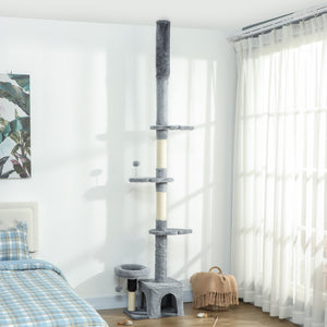 Cat tree with adjustable height from 221 to 254 cm, 4-level climbing tower with scratching post