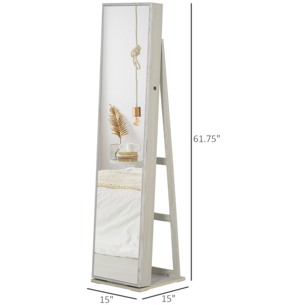 Jewelry cabinet with lockable mirror with LED lighting, white wood