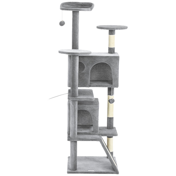 54" Cat Tree, Multi-Level Cat Tower with Scratching Posts, Cat Condos, Bed, Platforms, Ramp, Toy Ball, Light Gray