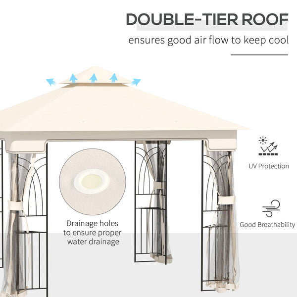 10'x10' Soft Top Patio Gazebo with Two-Tier Roof, Mesh Curtains, Display Shelves, Top Hooks, Cream Color