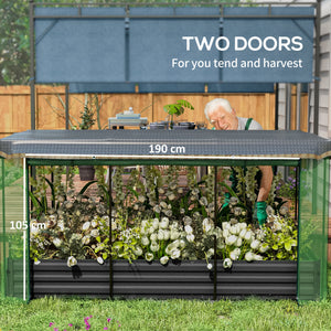 Raised galvanized steel planter with growing cage and shade cloth