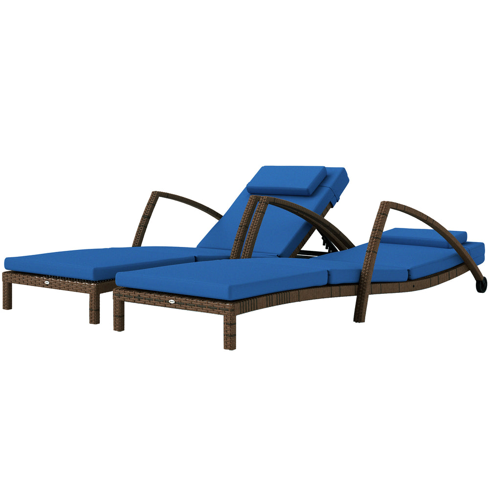 Set of 2 Outdoor Wicker Lounge Chairs with 5-Level Adjustable Backrest, Casters, Cushion and Armrests, Blue