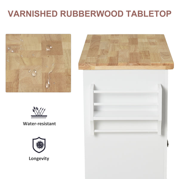 Kitchen island with rubberwood storage, spice rack, towel rail