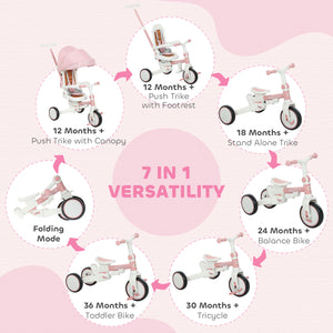 7 in 1 Tricycle with Safety Harness, Adjustable and Removable Parental Handle, Pink