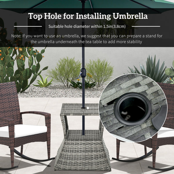Square side table in woven rattan with parasol hole and 2-tier storage