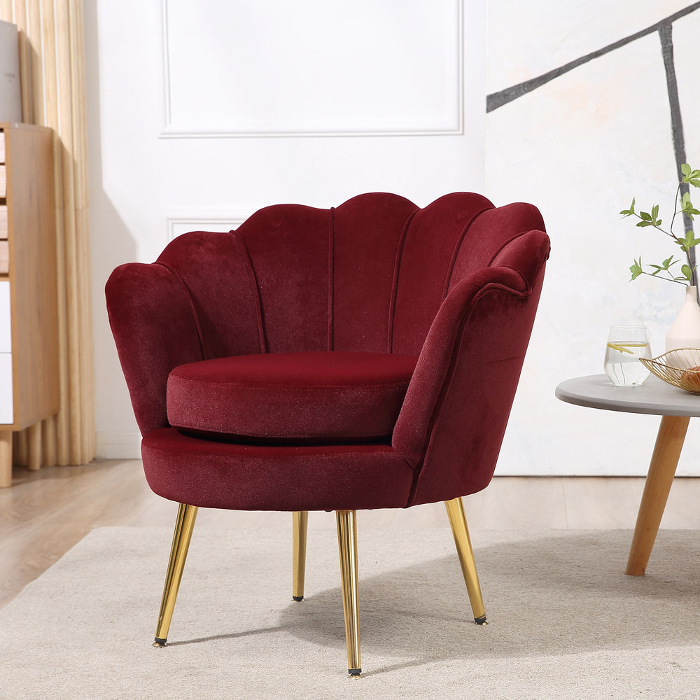 Lotus velvet fabric accent chair with gold metal legs, burgundy