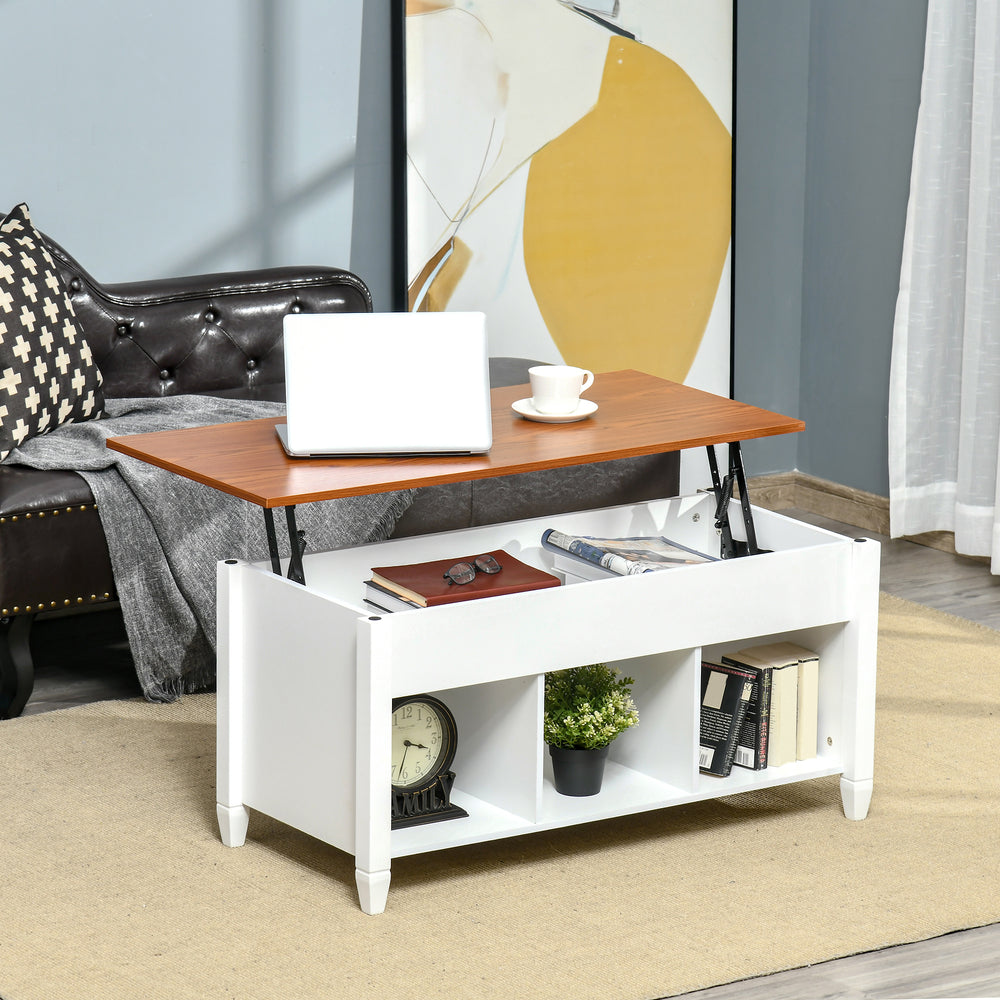 Lift-top coffee table with hidden storage compartment, white and brown