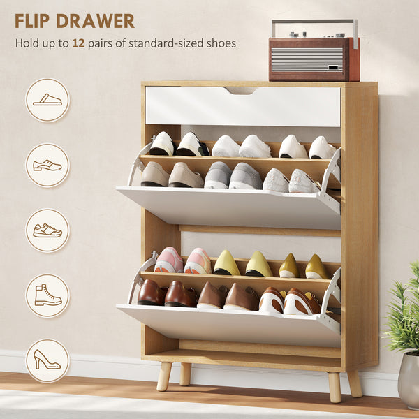 Narrow entryway shoe cabinet with 2 drop-down drawers, a top drawer and adjustable shelves for 12 pairs of shoes, white