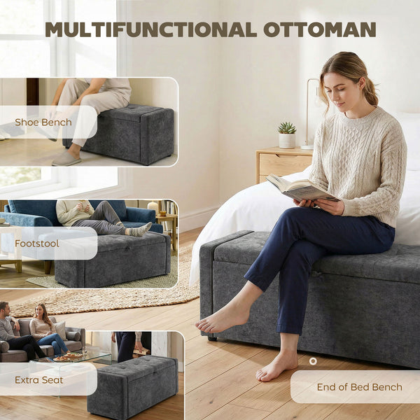 Storage bench ottoman with linen-look fabric upholstery, wide padded seat, dark grey