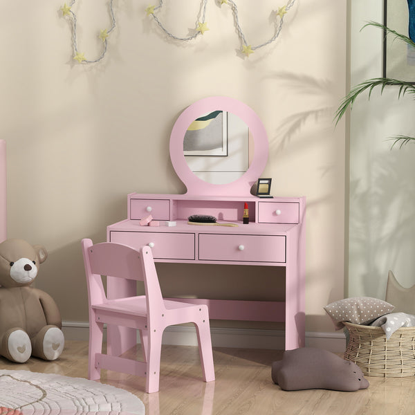 Dressing table with mirror, stool and storage drawers, pink