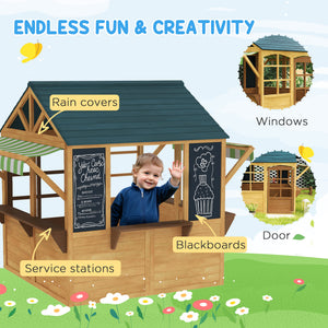 Foldable Wooden Outdoor Playhouse with Functional Door, Rain Cover, Chalkboards, Brown