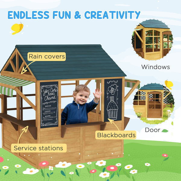 Foldable Wooden Outdoor Playhouse with Functional Door, Rain Cover, Chalkboards, Brown
