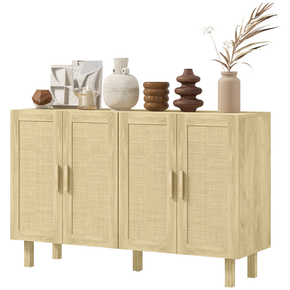 Storage sideboard with 4 rattan doors and adjustable shelves, natural