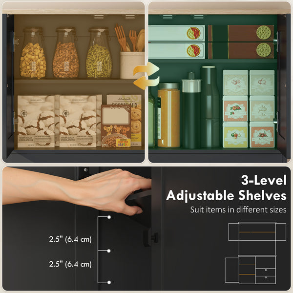 Kitchen unit with 3 cupboards, 2 drawers, adjustable shelves and microwave stand, black.