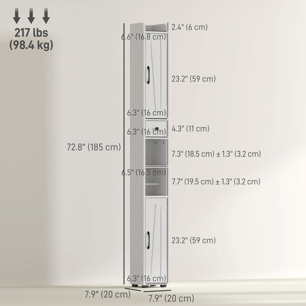Narrow bathroom vanity with barn doors, drawer and adjustable shelves, white wood look