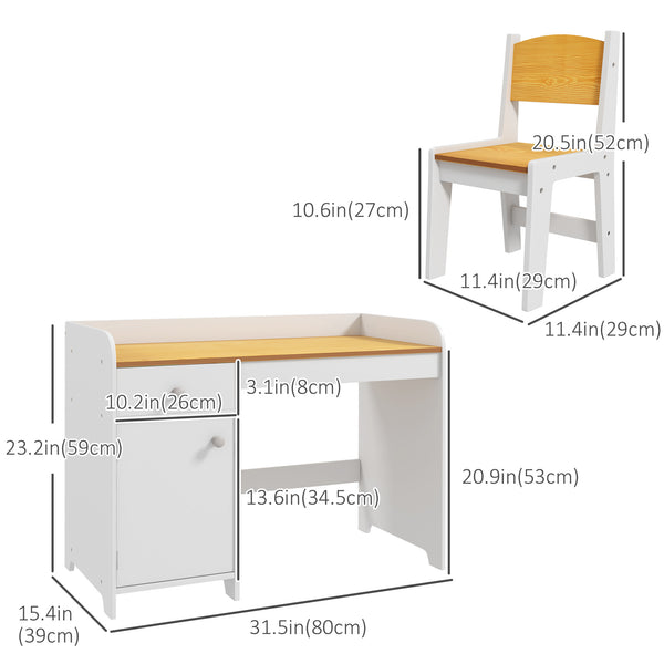 Children's Desk and Chair Set with Storage Drawer, White