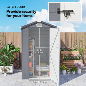 Plastic garden shed with latch door, vents, sloping roof, dark grey