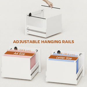 3-drawer vertical filing cabinet with lock, equipped with adjustable hanging rails for A4 and Letter sizes, white.