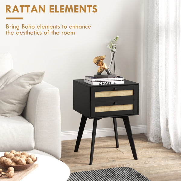 Set of 2 Bohemian Bedside Tables with 2 Drawers in Rattan, Black