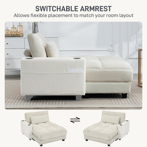 Cream white corduroy recliner armchair with cup holders and pocket springs