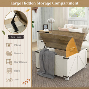 Farmhouse style coffee table with hinged lids, antique white