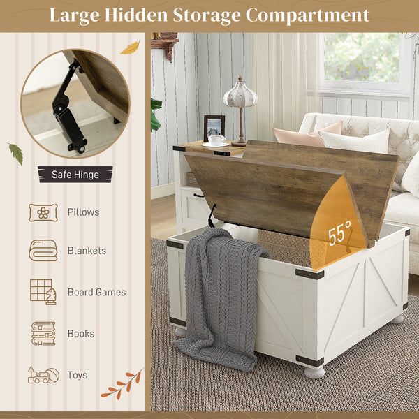 Farmhouse style coffee table with hinged lids, antique white