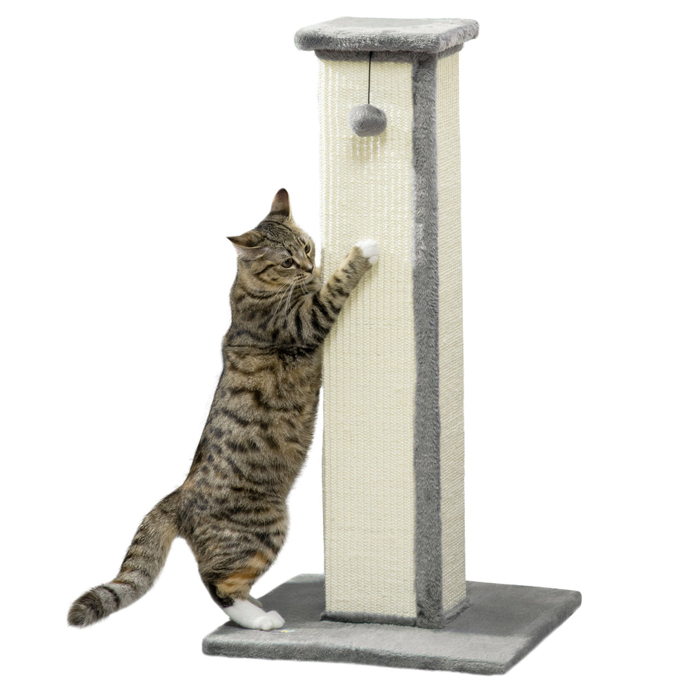81cm high scratching post with hanging ball and soft plush, grey