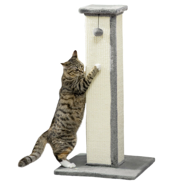 81cm high scratching post with hanging ball and soft plush, grey