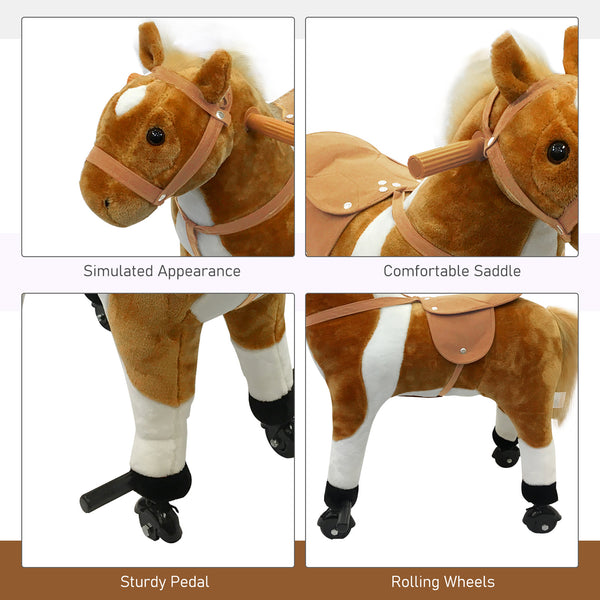 Rocking horse with sounds and wheels, brown