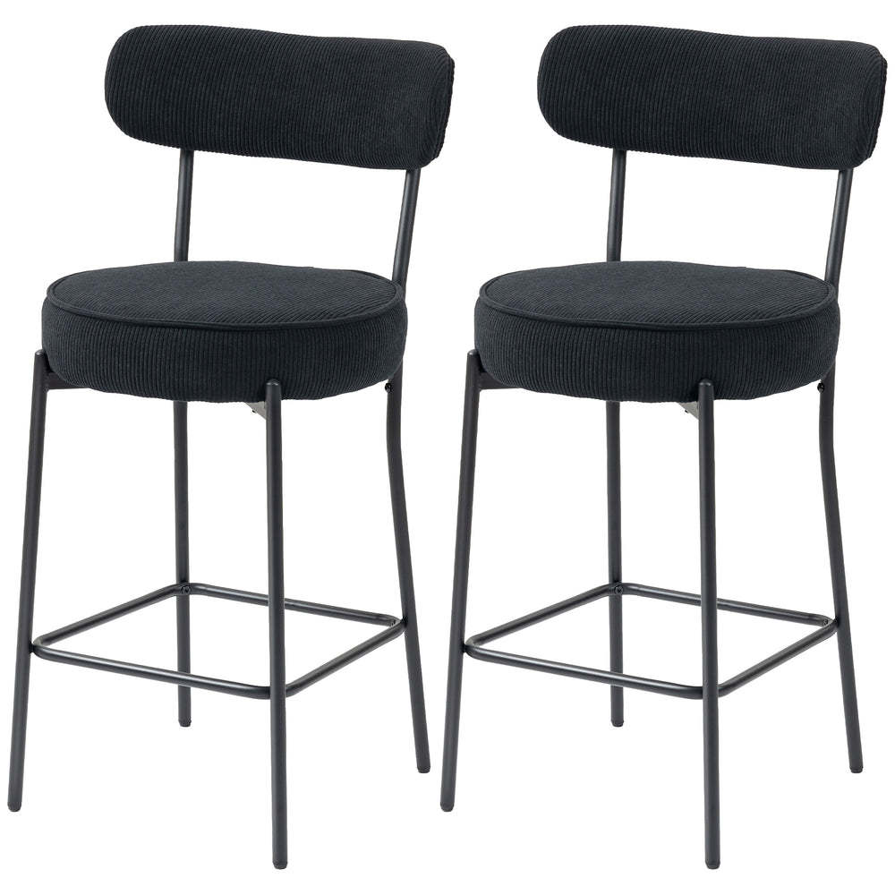 Set of 2 padded bar stools in corduroy, black